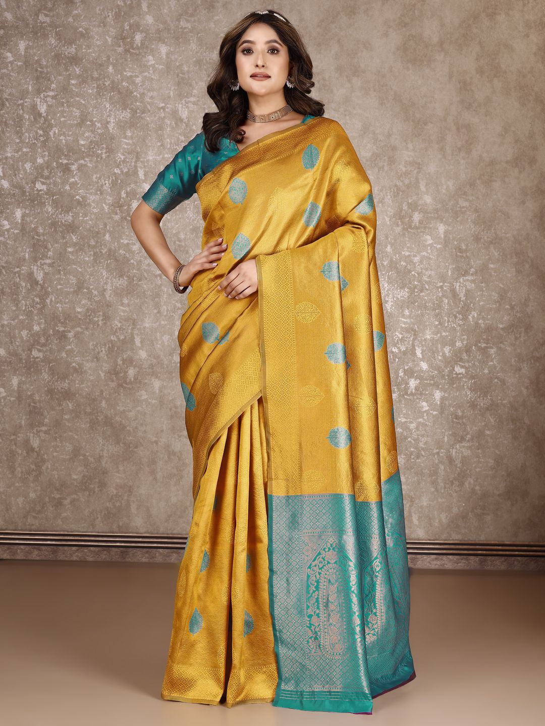 

F FASHION Woven Design Zari Banarasi Saree, Yellow