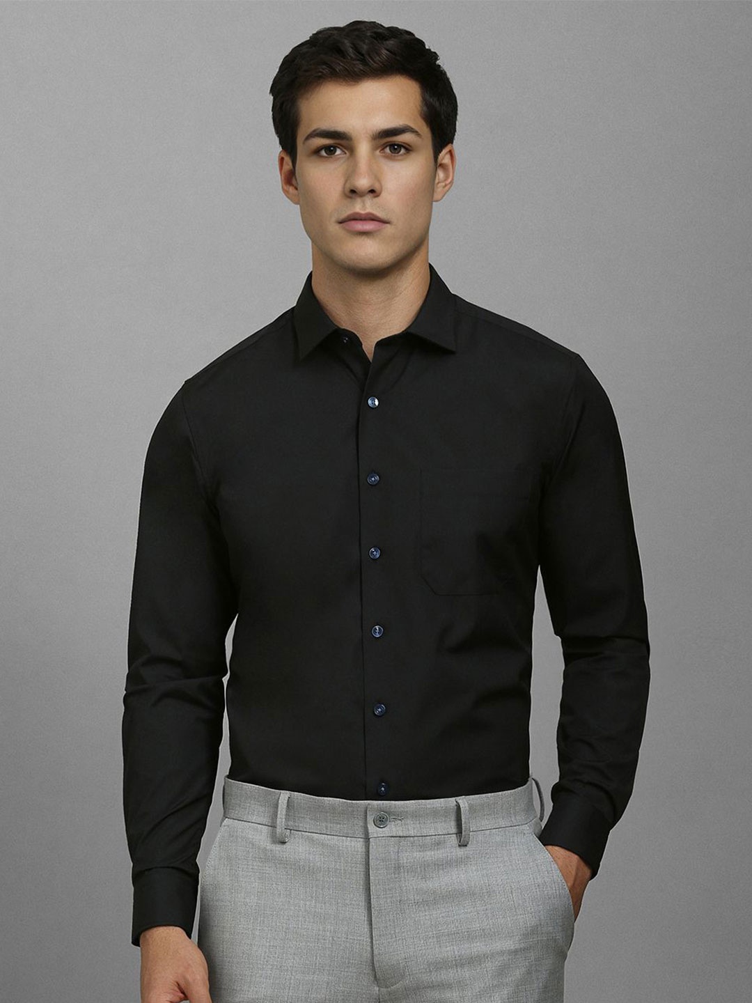

Louis Philippe Men Slim Fit Spread Collar Solid Cotton Formal Shirt, Black