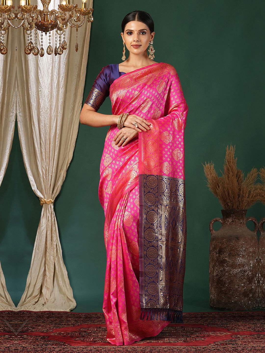 

KALINI Ethnic Motifs Zari Silk Blend Banarasi Saree, Pink