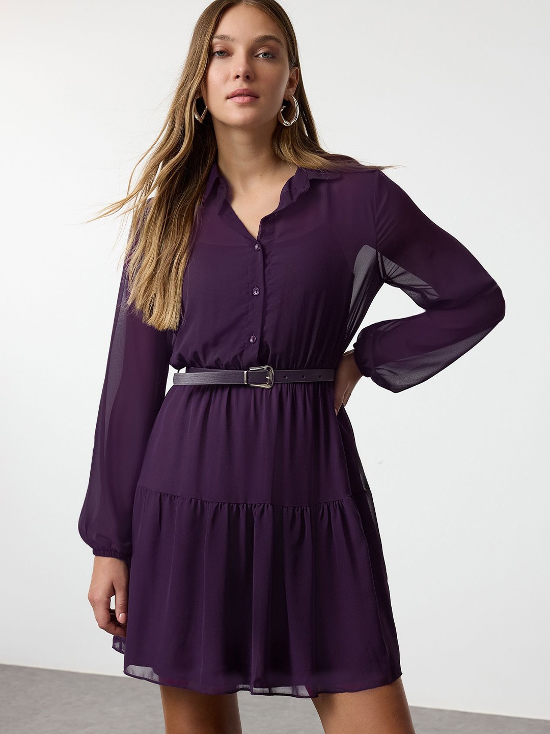 

Trendyol Shirt Collar Bishop Sleeves Fit and Flare Dress Comes with a belt, Purple