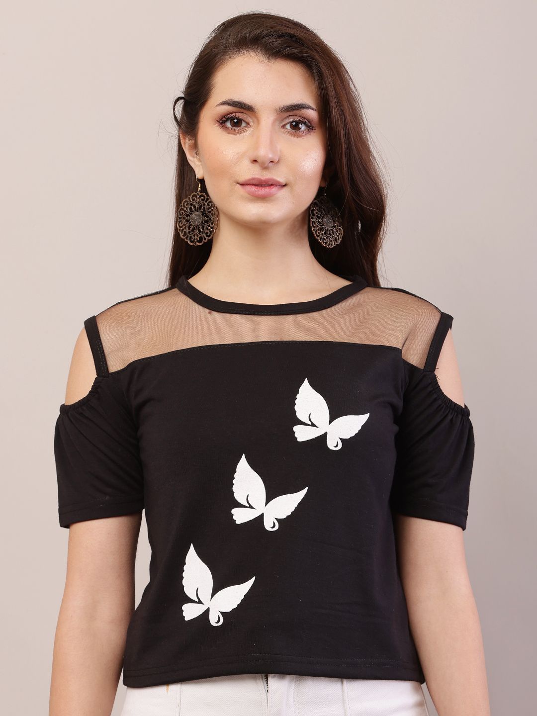 

Raabta Fashion Floral Cold-Shoulder Top, Black