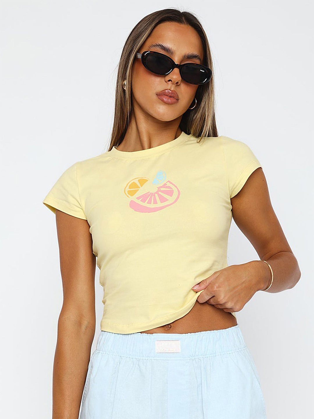 

LULU & SKY Women Cap Sleeves Cotton Crop Tshirts, Yellow