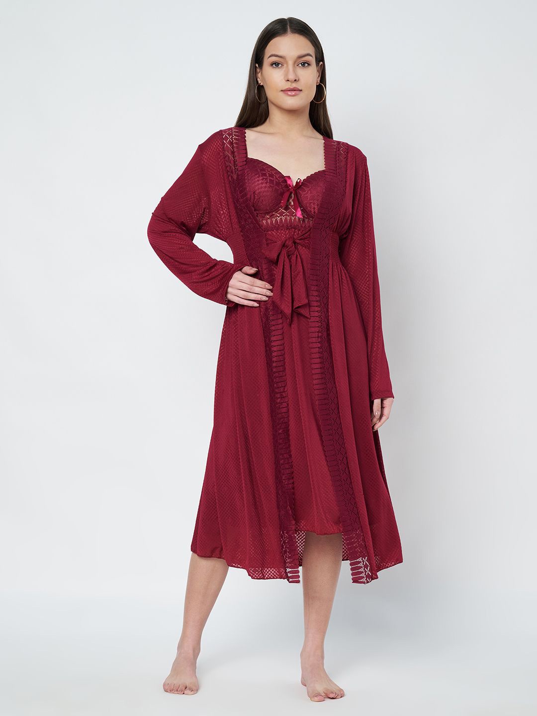 

KOI SLEEPWEAR Women Lace Knee Length Nightdress, Red