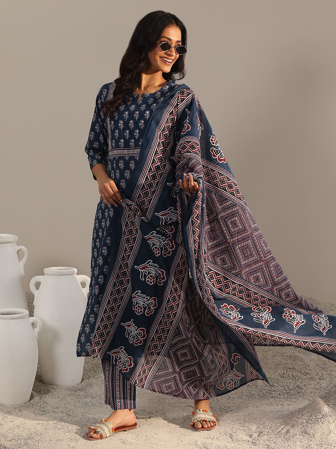 

Libas Blue Floral Ajrakh Printed Notch Neck Straight Kurta With Trouser And Dupatta