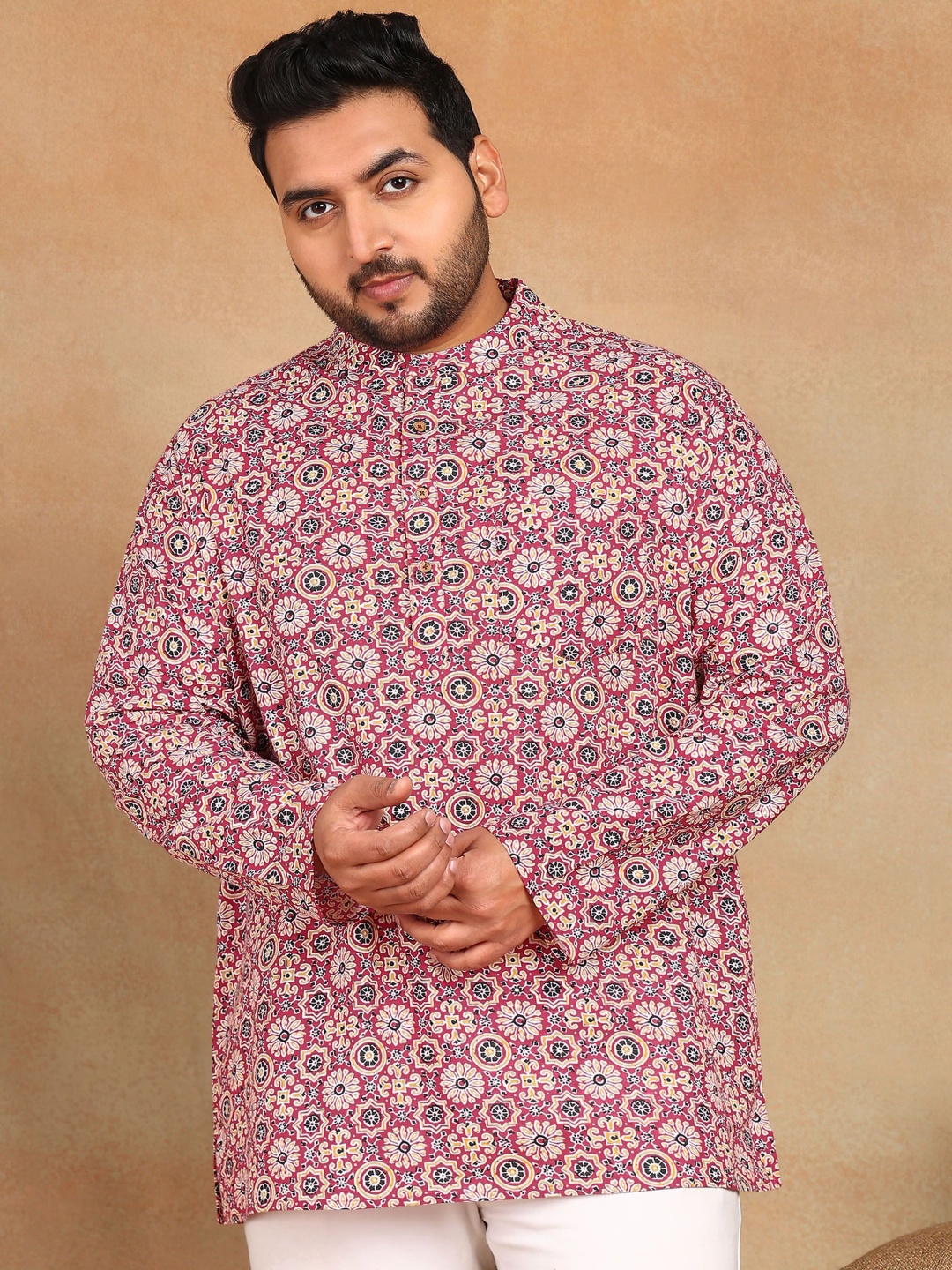 

Sztori Ethnic Motifs Printed Mandarin Collar Straight Kurta, Pink