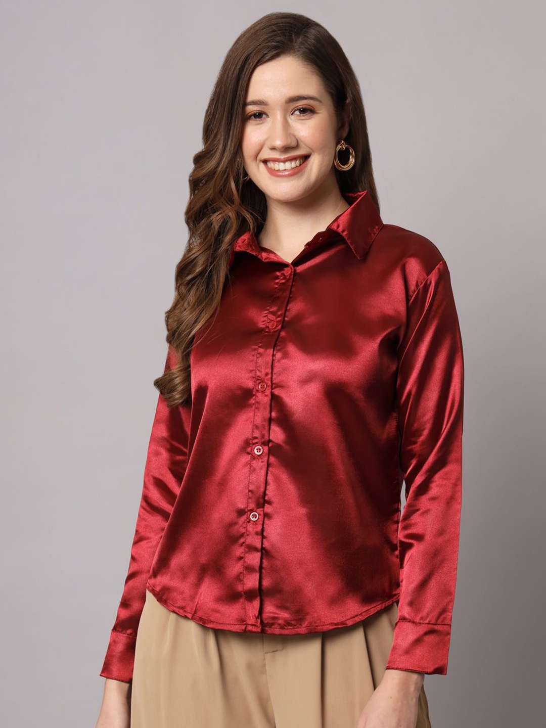 

Funday Fashion Women Spread Collar Solid Satin Formal Shirt, Red