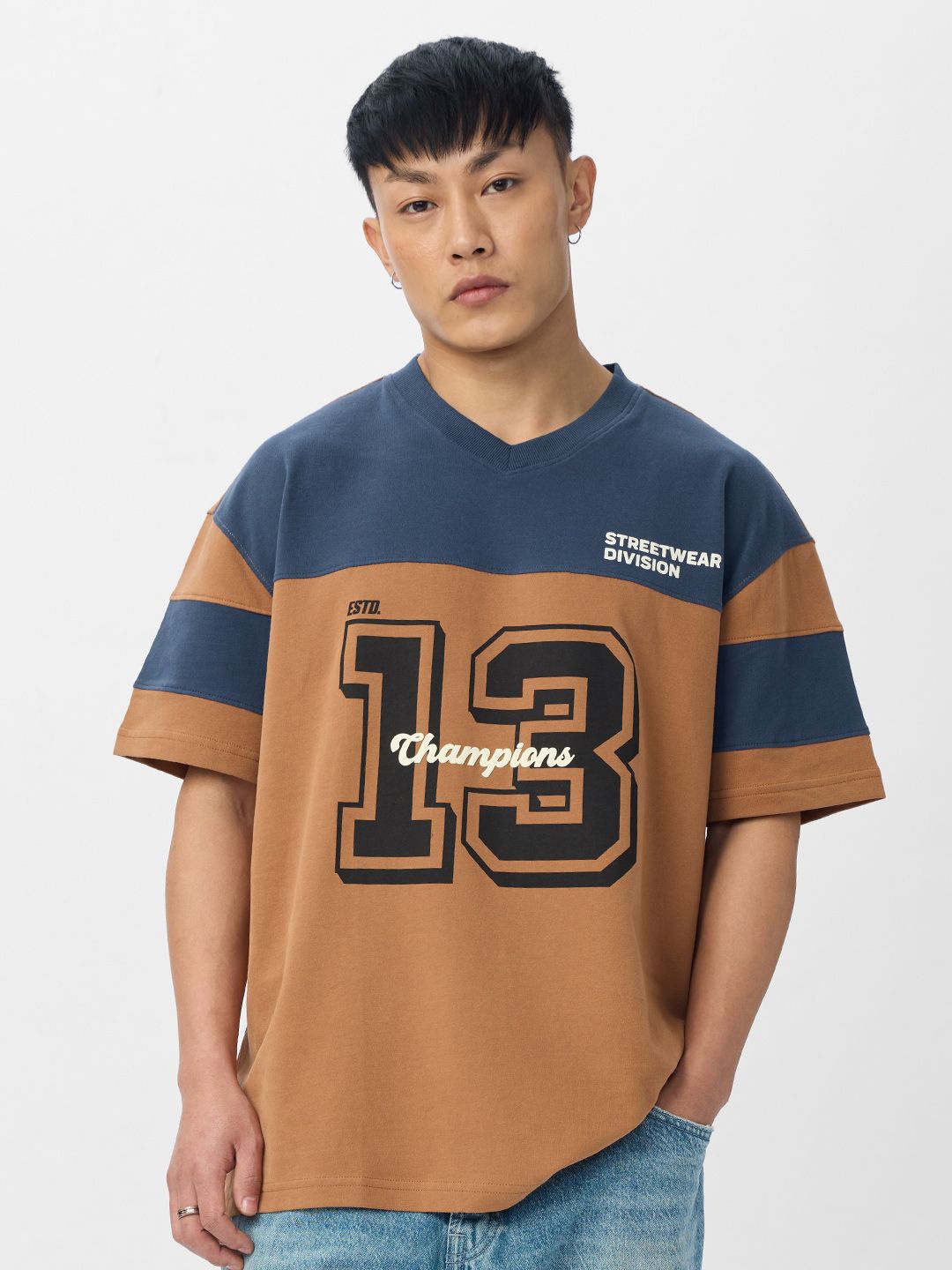 

The Souled Store Men Typography Printed V-Neck Cotton Oversized T-shirt, Rust