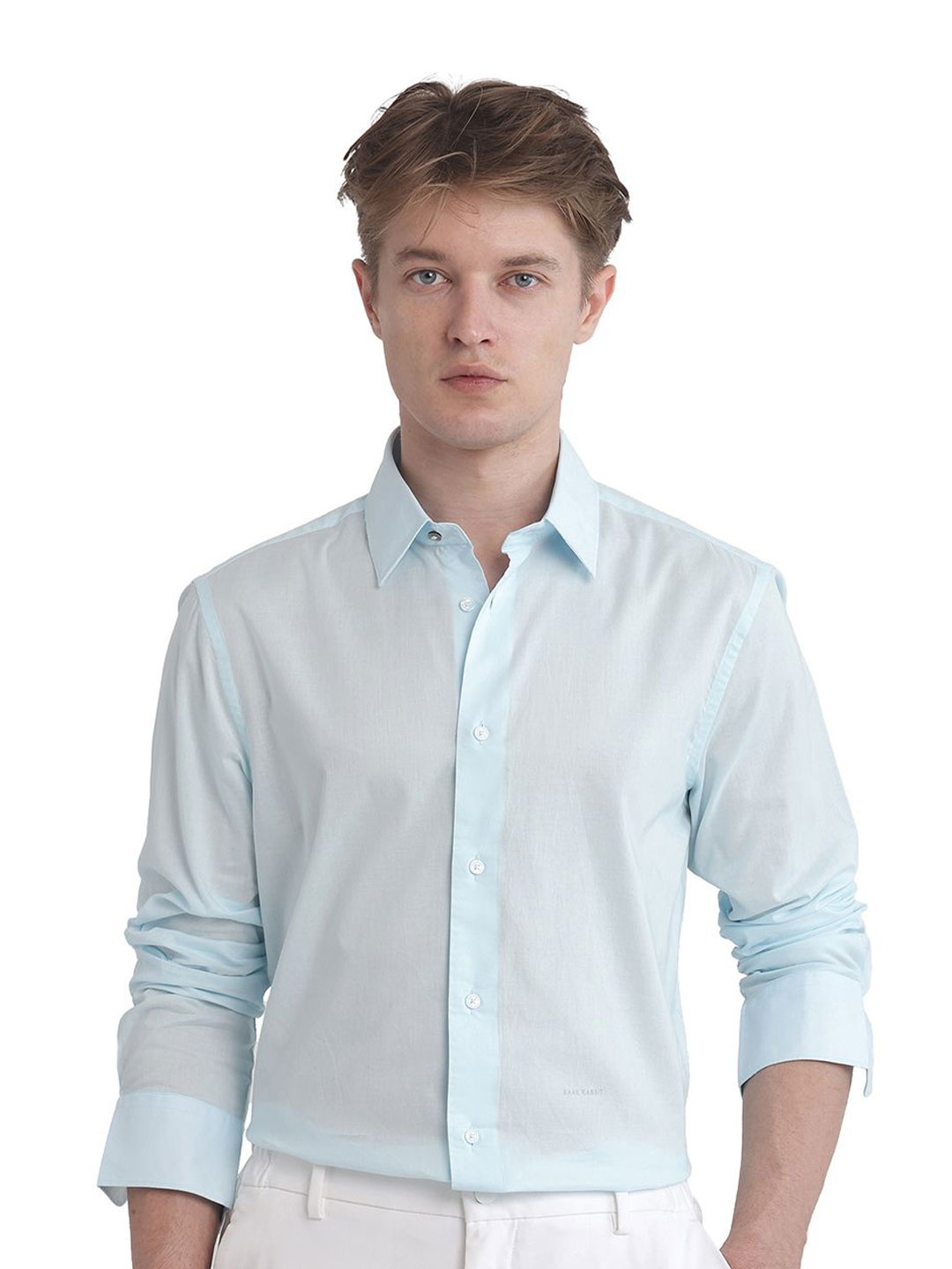 

RARE RABBIT Men Comfort Fit Spread Collar Solid Cotton Formal Shirt, Blue