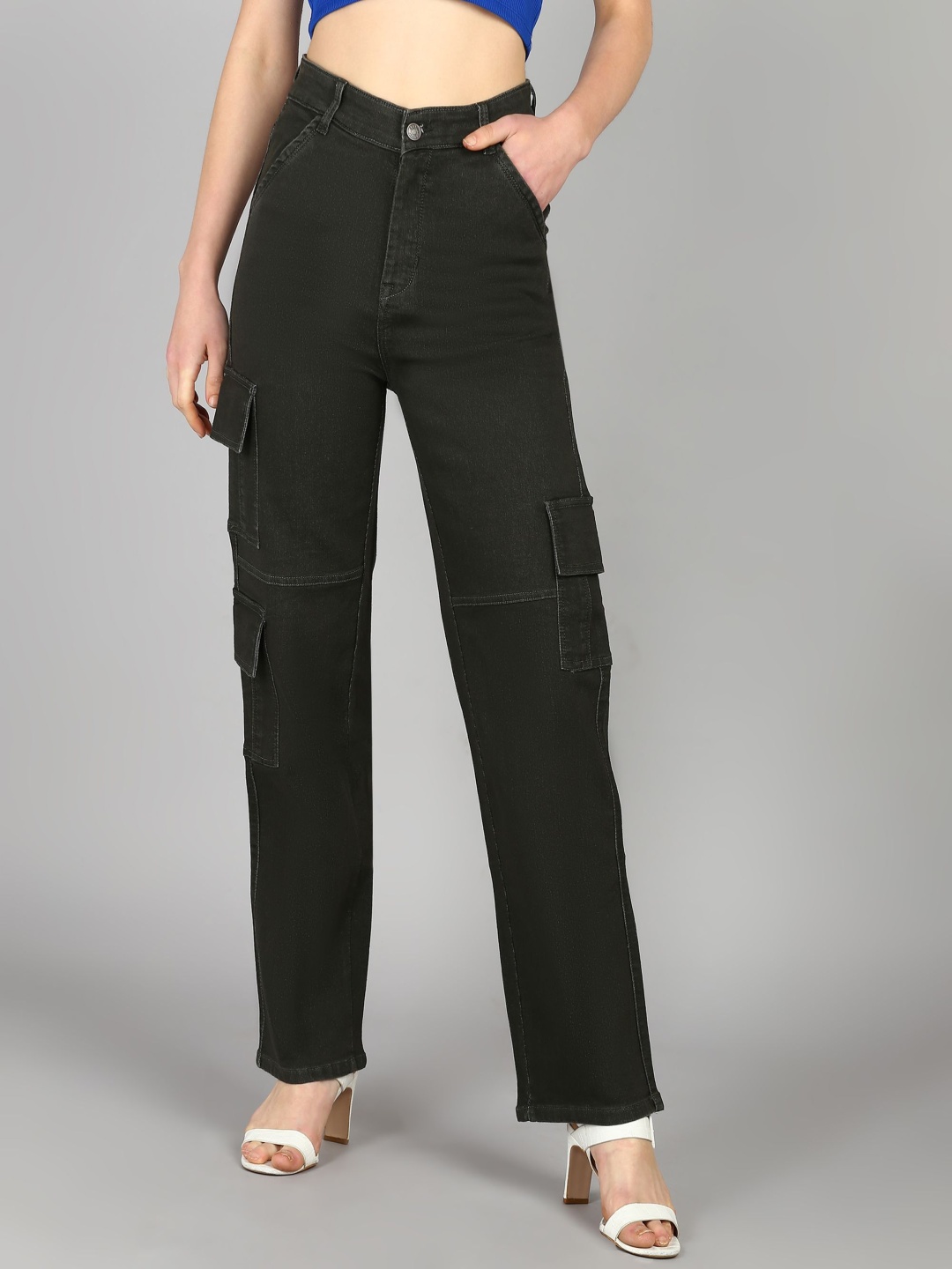 

Glossia Nova Women Comfort Wide Leg High-Rise Acid Wash Stretchable Cargo Jeans, Charcoal
