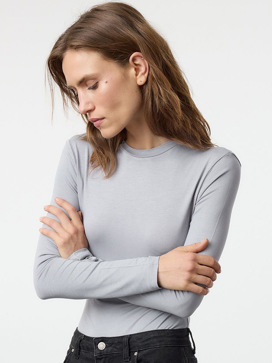 

Trendyol Round Neck Long Sleeves Bodysuit, Grey