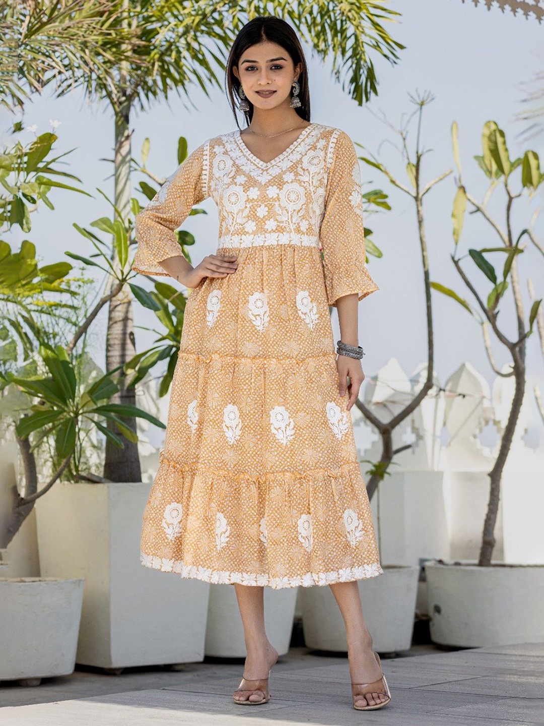 

CUSTARD Women Long Tiered Dress, Yellow