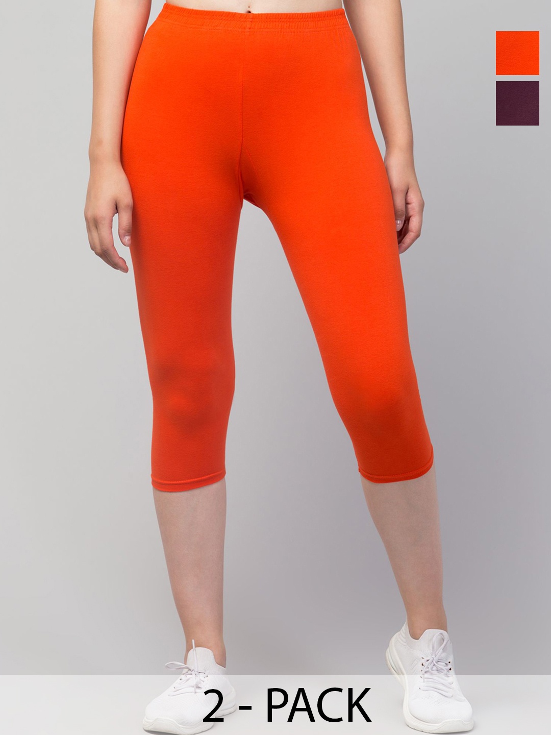 

CKARFE Women Pack Of 2 Cotton Skinny Fit Capris, Orange