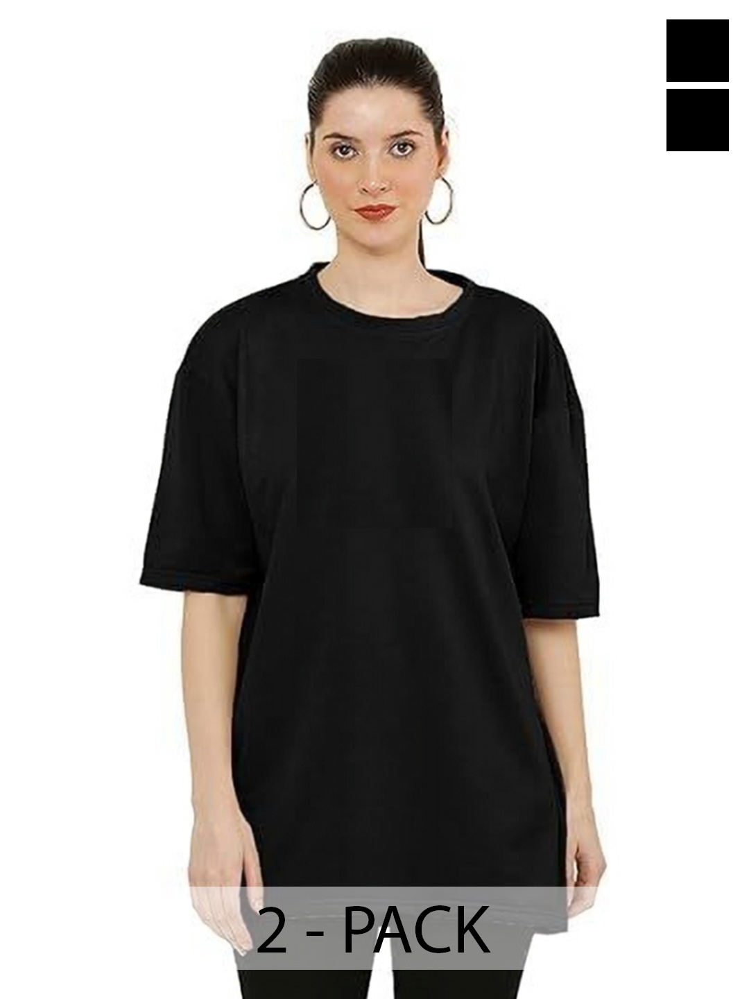 

NOTWILD Women Pack Of 2 Solid Round Neck Cotton T-shirts, Black