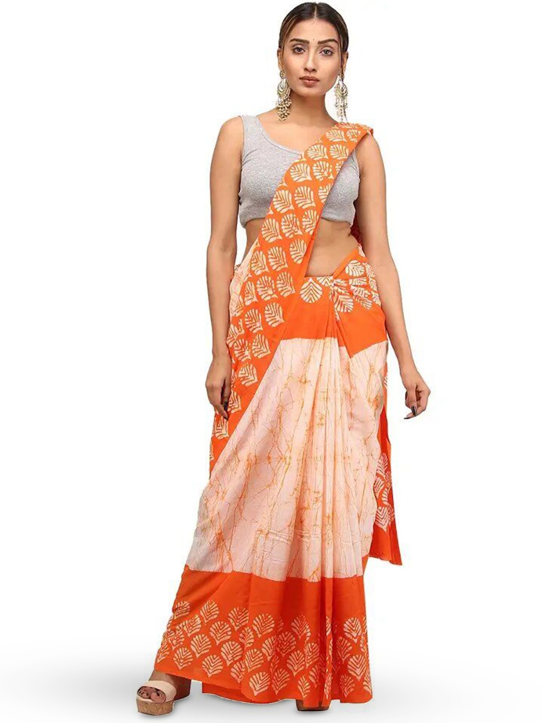 

Pinkcity Trade World Ethnic Motifs Pure Cotton Block Print Saree, Orange