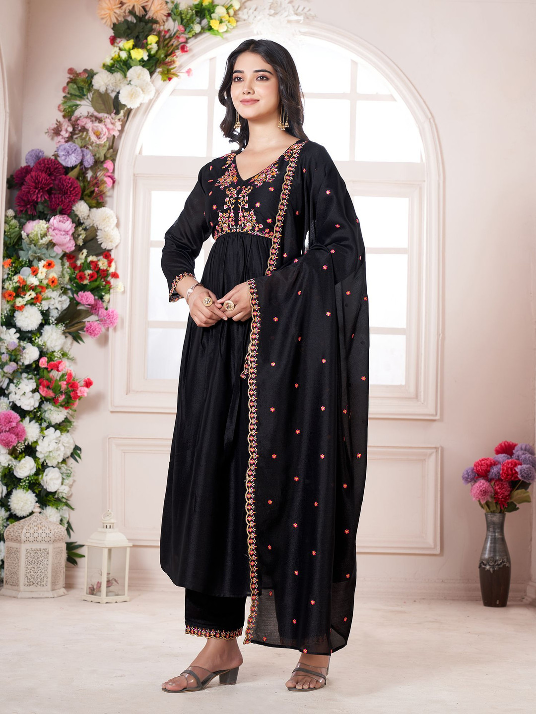 

KALINI Floral Embroidered V-Neck Anarkali Kurta With Palazzos And Dupatta, Black