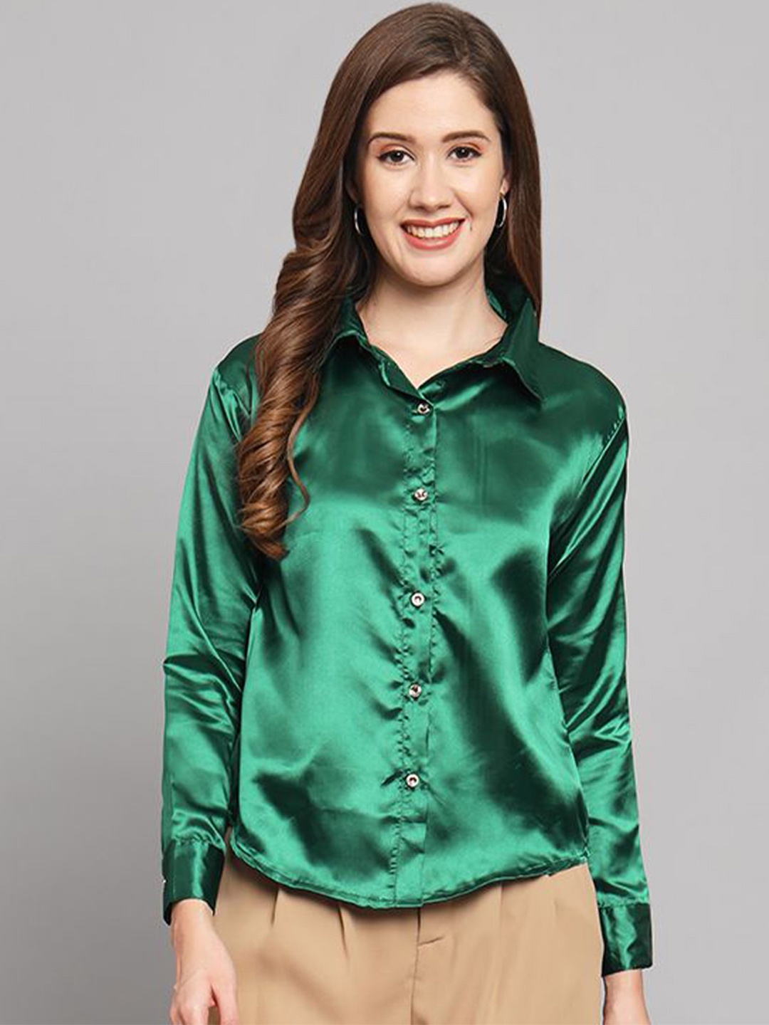 

Funday Fashion Women Spread Collar Solid Satin Casual Shirt, Green