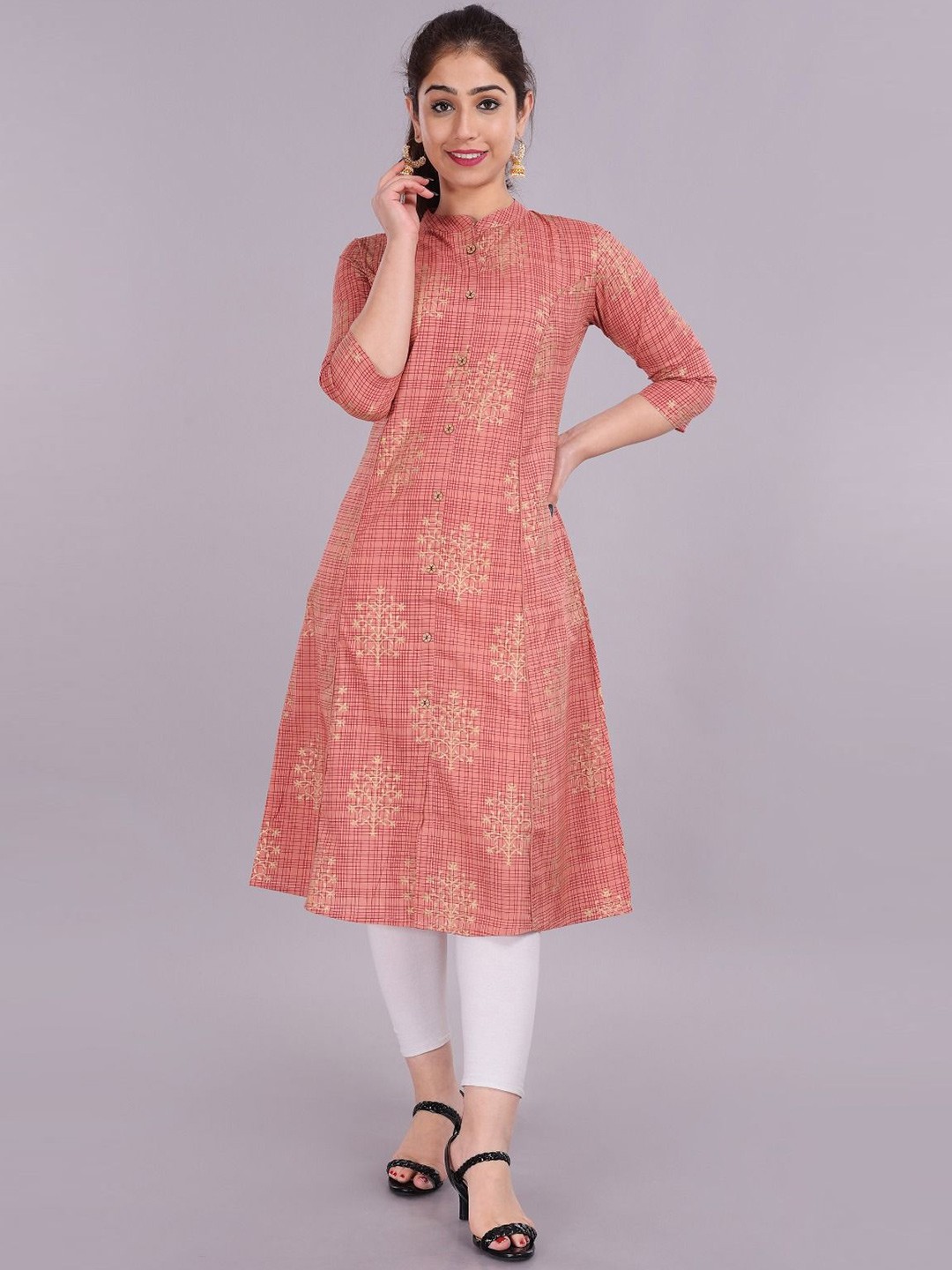 

ClothAura Floral Printed Mandarin Collar A-Line Kurta, Peach