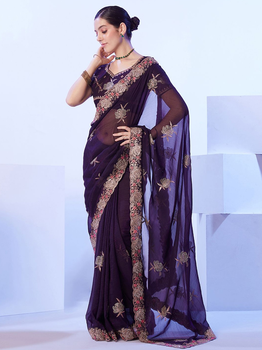 

Mitera Embellished Pure Chiffon Saree, Purple