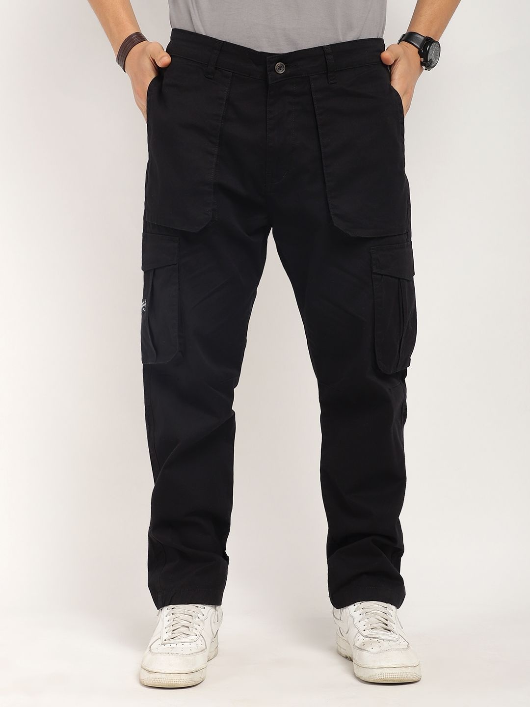 

JIMMY & JORDAN Men Plus Size Classic Loose Fit Cotton Cargos Trousers, Black