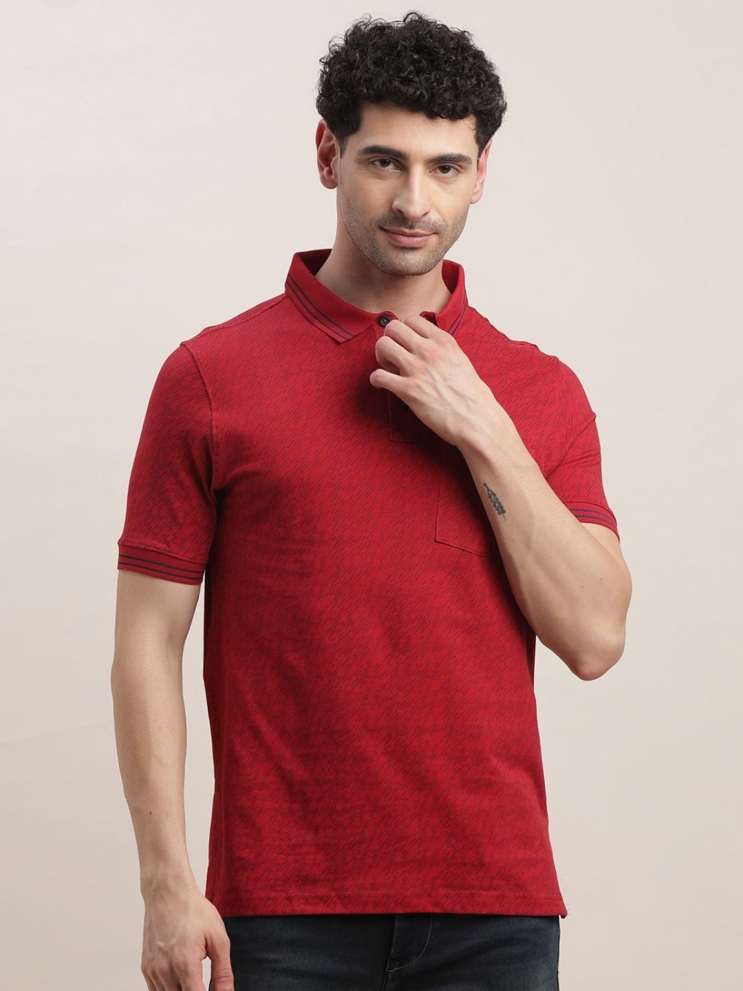

Turtle Men Abstract Printed Polo Collar Pure Cotton Slim Fit T-shirt, Red