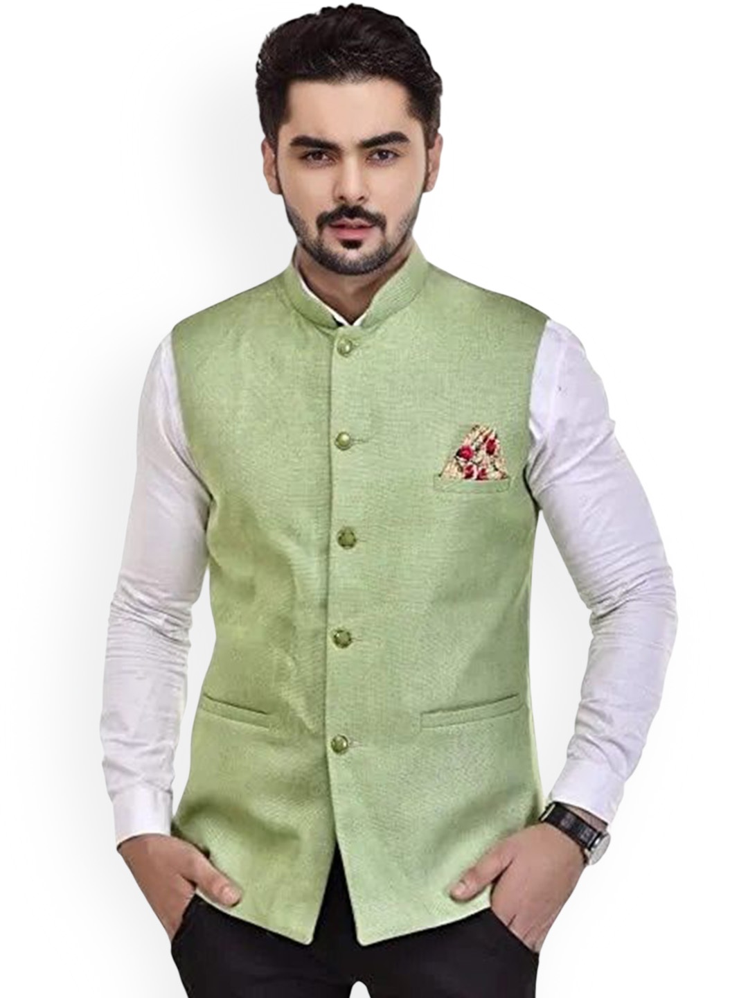 

Eliq Jute Cotton Woven Nehru Jacket, Sea green