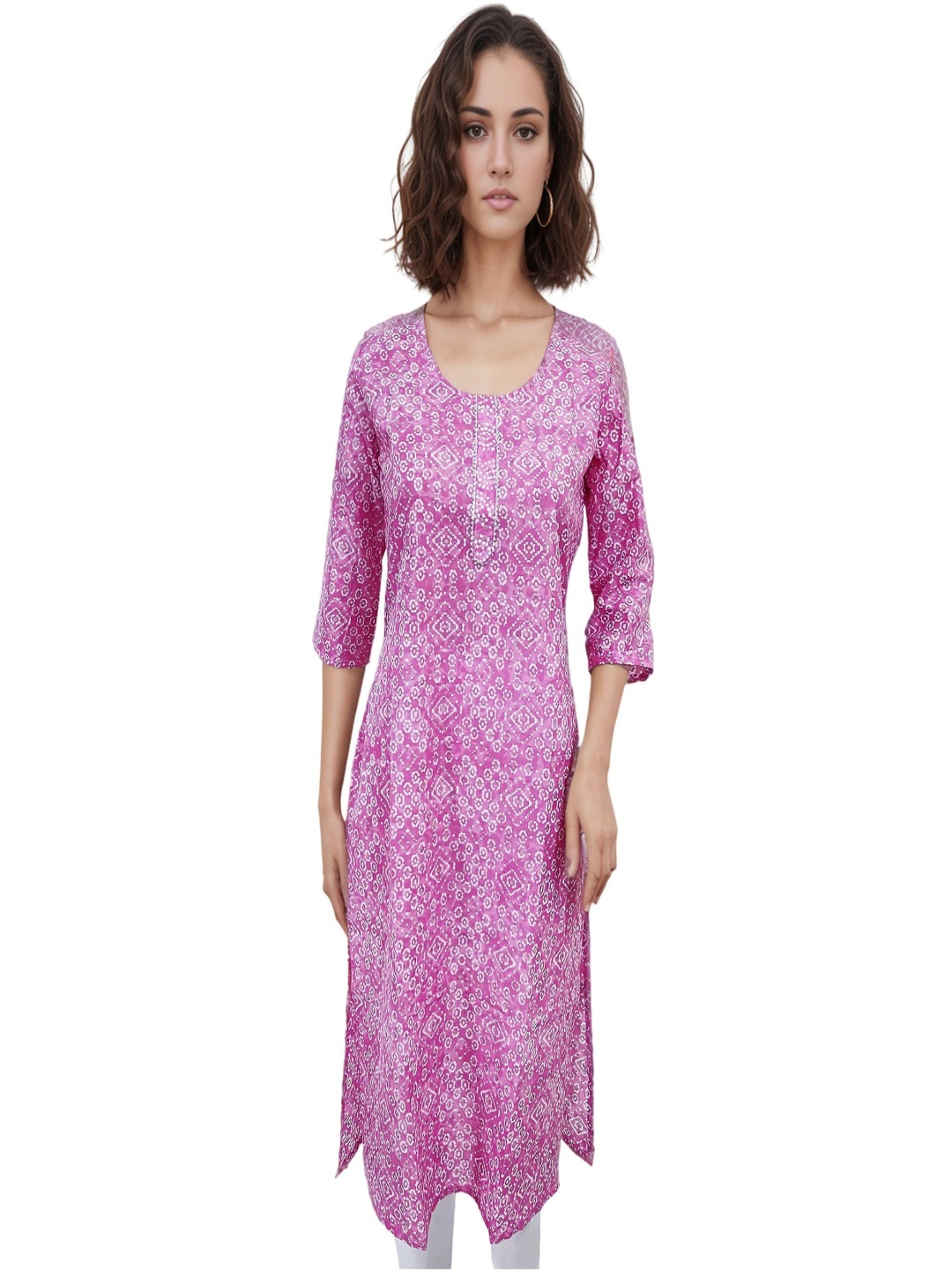 

RAYINVENT Ethnic Motifs Printed Round Neck Gotta Patti Pure Cotton Straight Kurtas, Pink