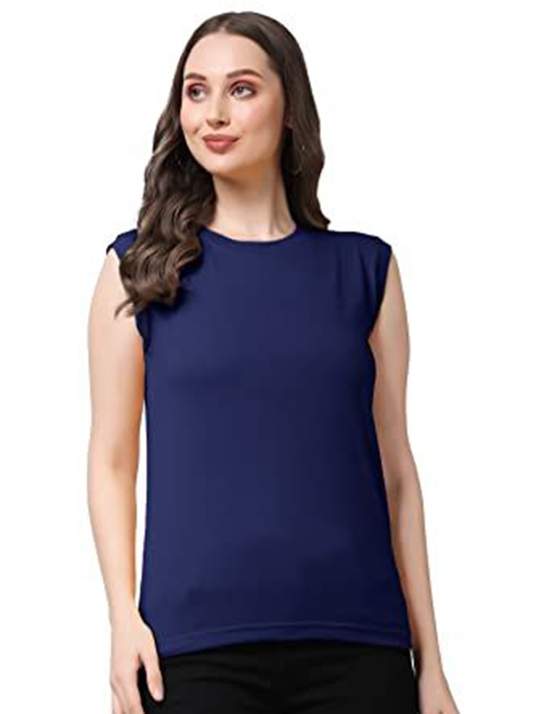 

NOTWILD Women Solid Round Neck Cotton T-shirt, Navy blue