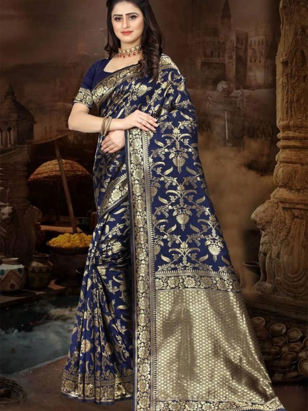 

F FASHION Woven Design Zari Banarasi Saree, Navy blue