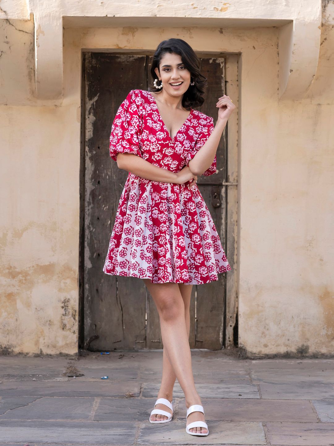 

BAESD Women Floral Printed Cotton Fit and Flare Dress, Red