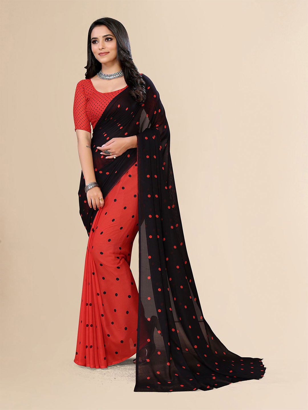 

Moda Rapido Polka Dot Poly Georgette Saree, Red