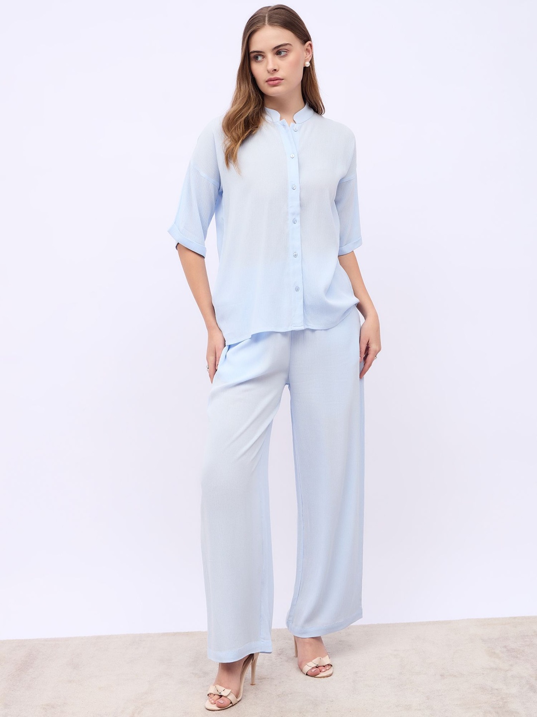 

Stylie Mandarin Collar Shirt With Trousers, Blue