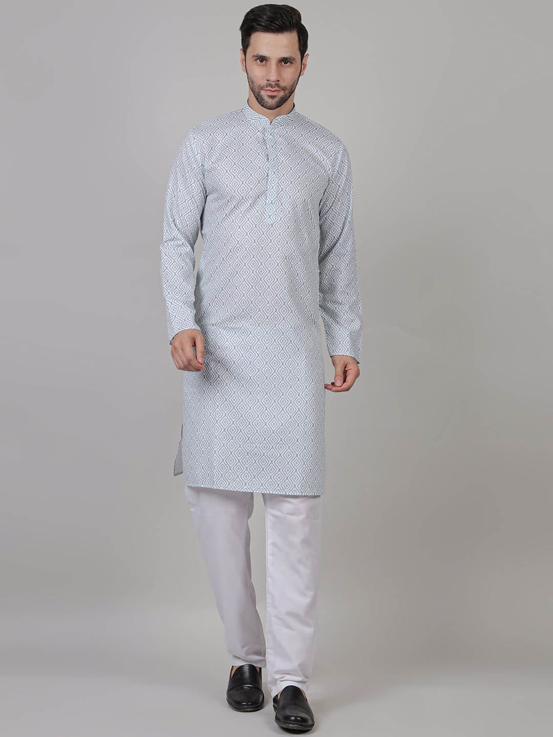 

John Philips Geometric Woven Design Mandarin Collar Cotton Straight Kurta, Blue