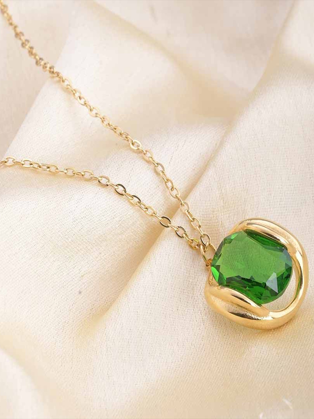 

PALMONAS 18K Gold-Plated Emerald Studded Stainless Steel Pendant With Chain