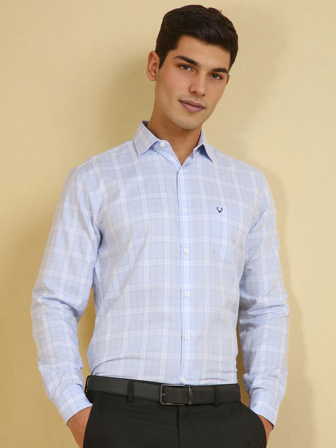 

Allen Solly Men Slim Fit Spread Collar Checked Cotton Formal Shirt, Blue