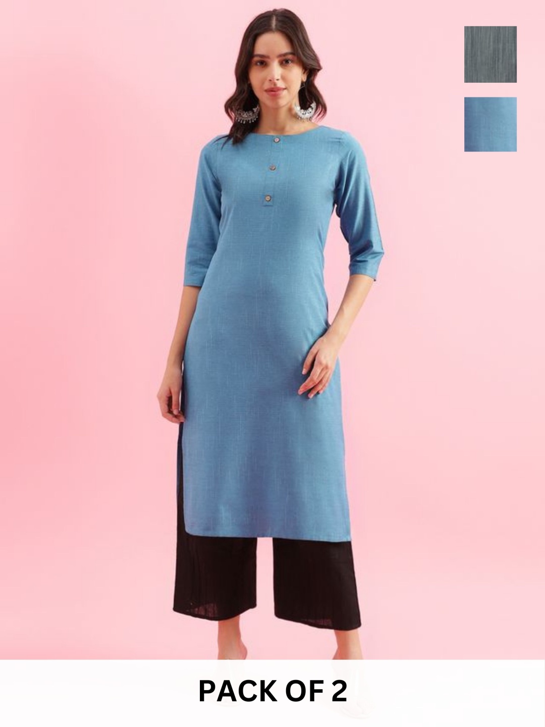 

KALINI Selection Of 2 Colourblocked Woven Round Neck Straight Kurtas, Blue