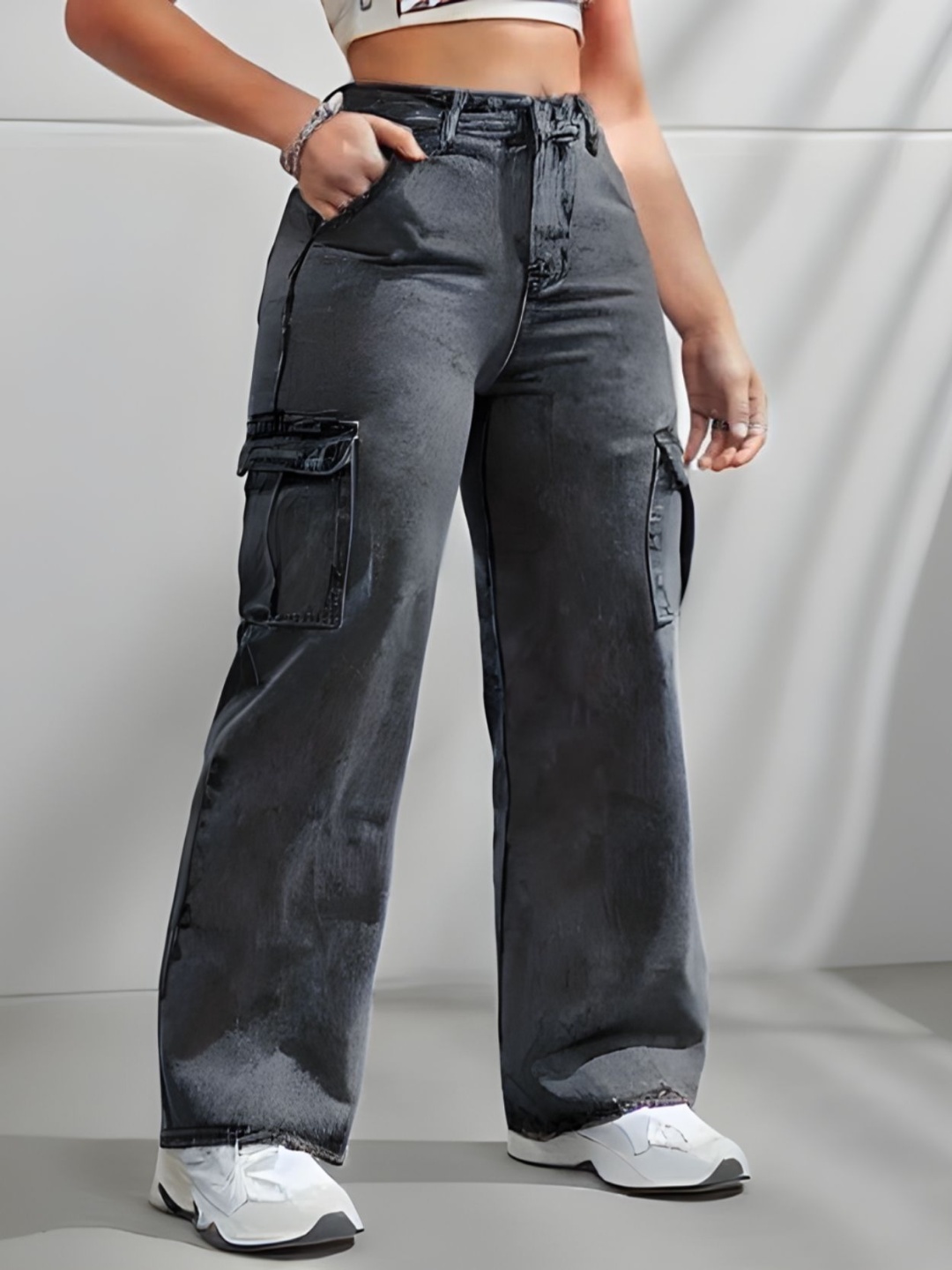 

Glossia Nova Women Comfort Wide Leg High-Rise Acid Wash Stretchable Cargo Jeans, Grey
