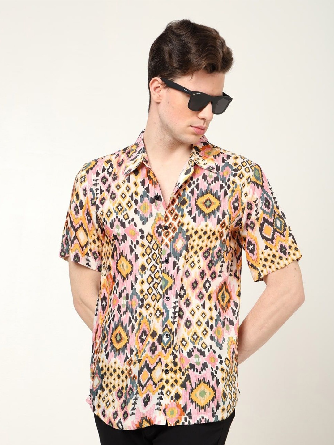 

YASH GALLERY Men Spread Collar Abstract Printed Casual Shirt, Yellow