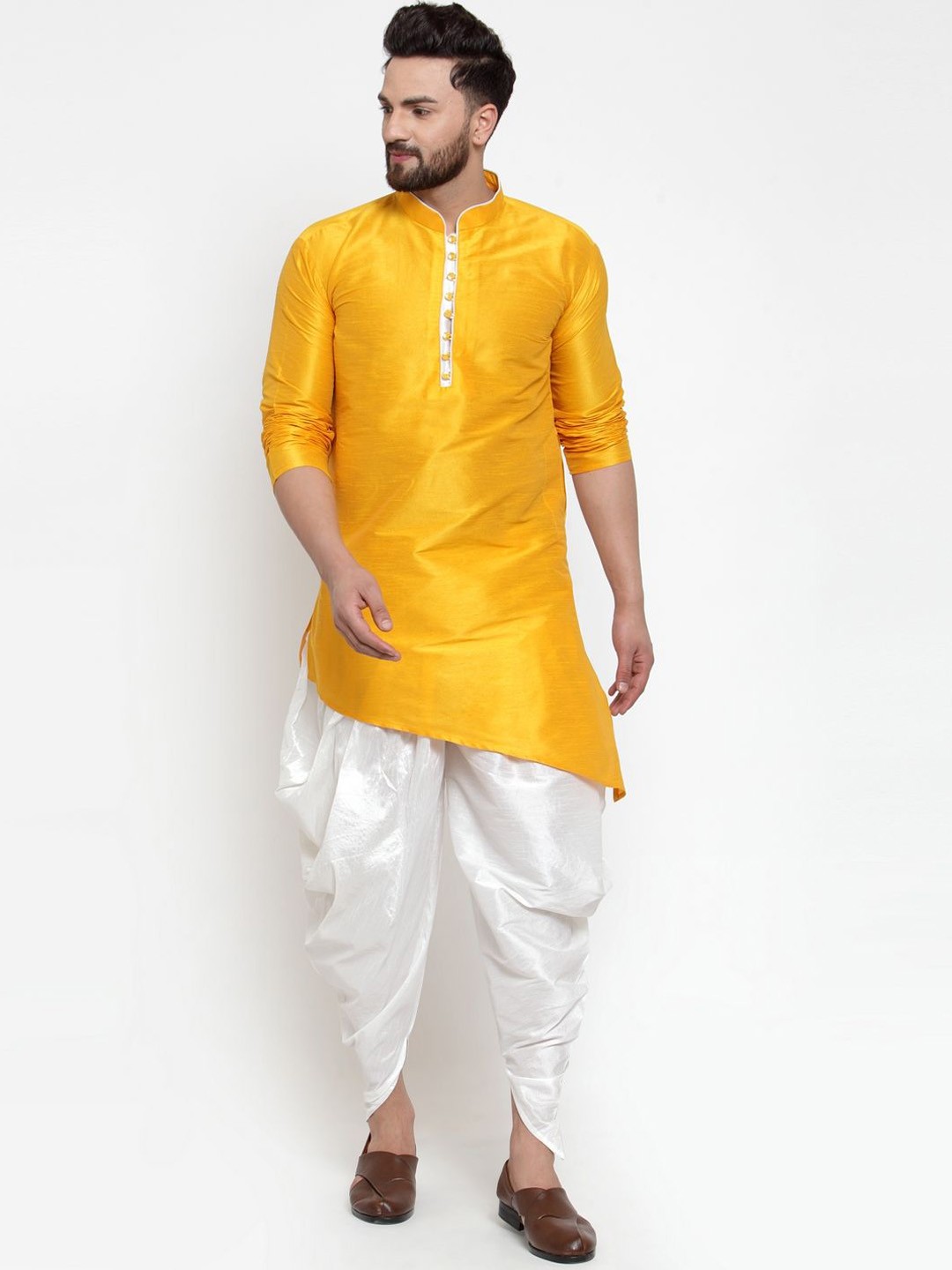 

Kaifoo Mandarin Collar Asymmetric Straight Kurta with Dhoti Pants, Yellow