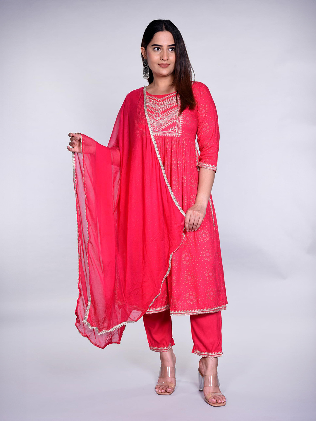

13-Star Geometric Printed Pleated Thread Work Anarkali Kurta With Trousers & Dupatta, Pink