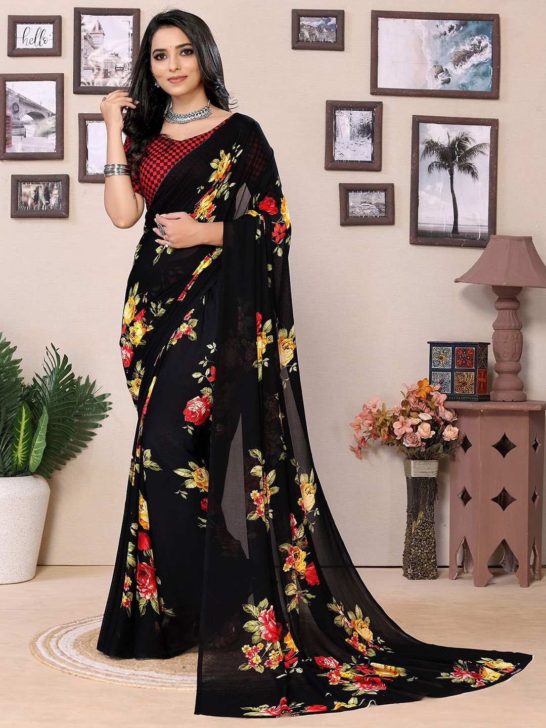 

Moda Rapido Printed Saree With Unstiched Blouse Piece, Black