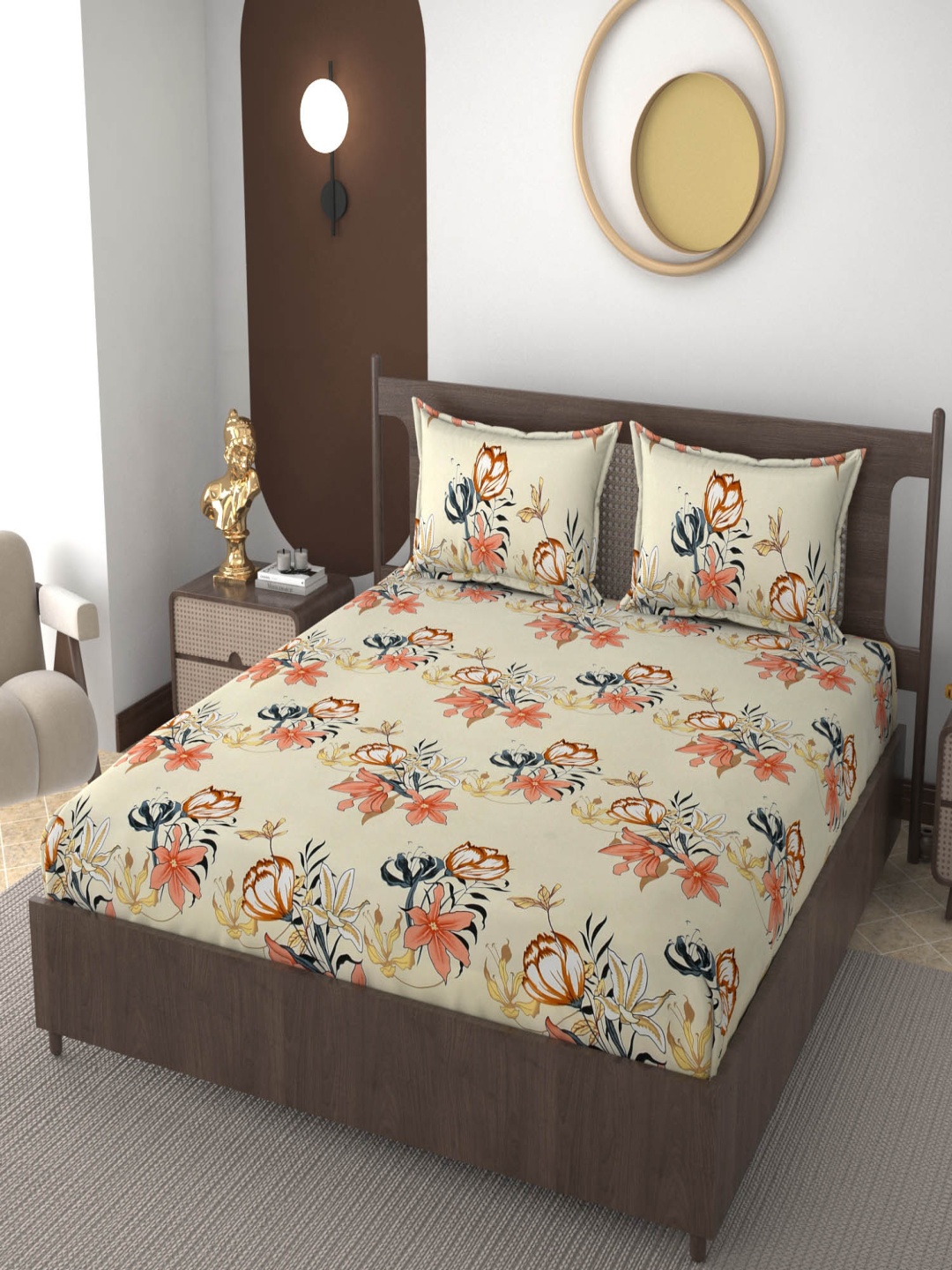 

VOMZER Orange Floral Printed Cotton 210 TC Fitted King Bedsheet Set -1.98 m x 1.83 m
