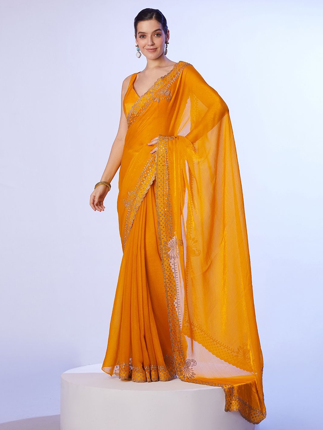 

Mitera Embellished Beads and Stones Pure Chiffon Saree, Yellow