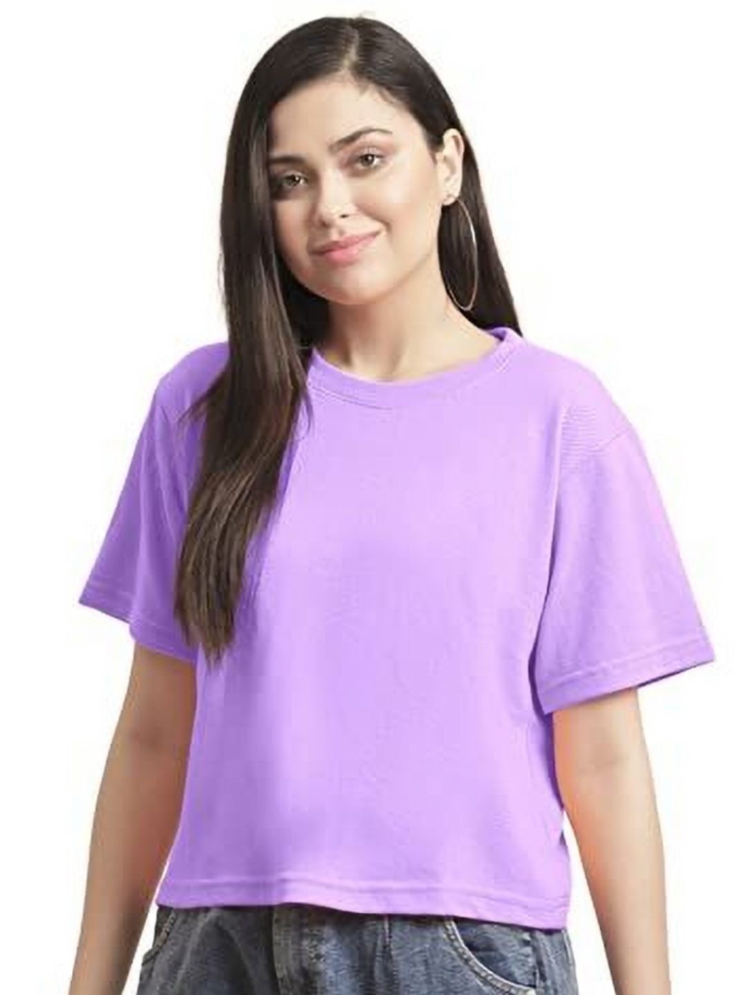 

NOTWILD Women Solid Round Neck Cotton Relaxed Fit T-shirt, Lavender