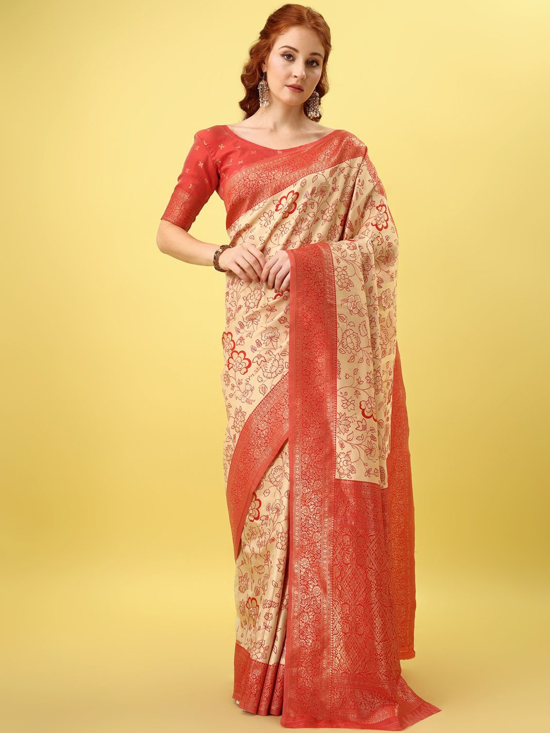 

F FASHION Floral Woven Design Zari Banarasi Saree, Red