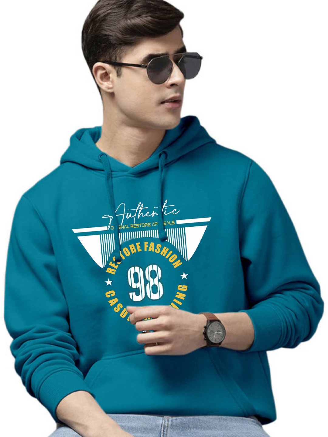 

WOOSTRO Men Printed Hooded Sweatshirt, Teal