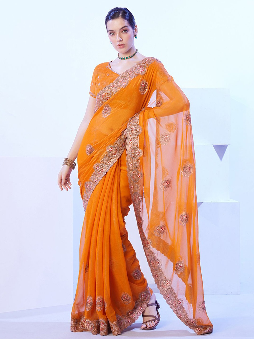 

Kalista Floral Sequinned Pure Chiffon Saree, Yellow