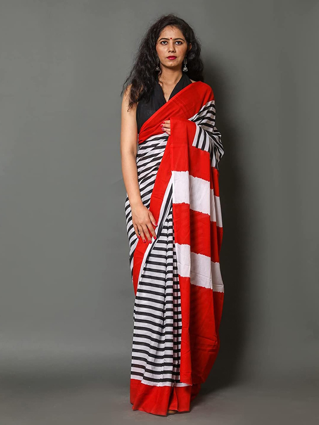 

Pinkcity Trade World Striped Pure Cotton Block Print Saree, Red