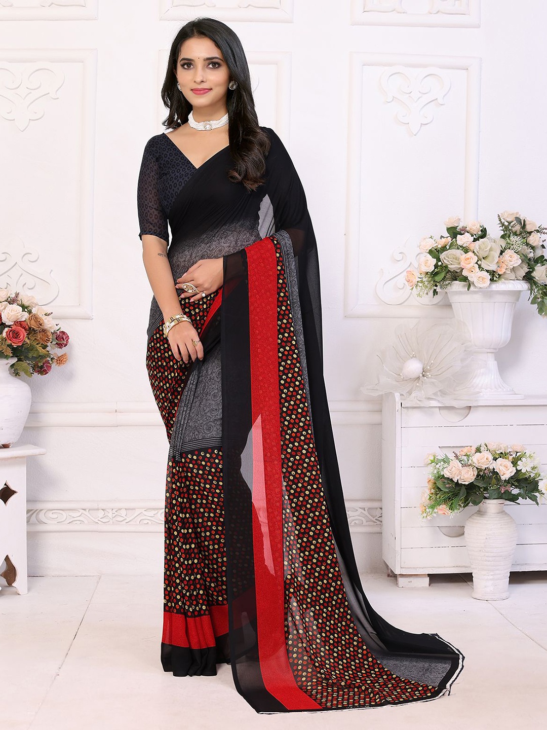 

Moda Rapido Printed Saree With Blouse Piece, Black