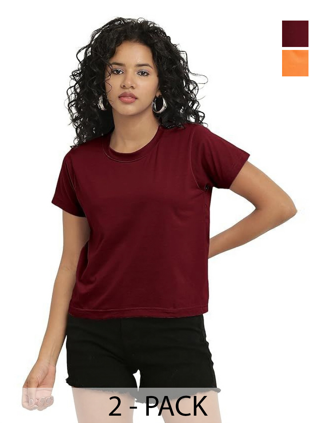

NOTWILD Women Pack Of 2 Solid Round Neck Cotton Relaxed Fit T-shirts, Maroon