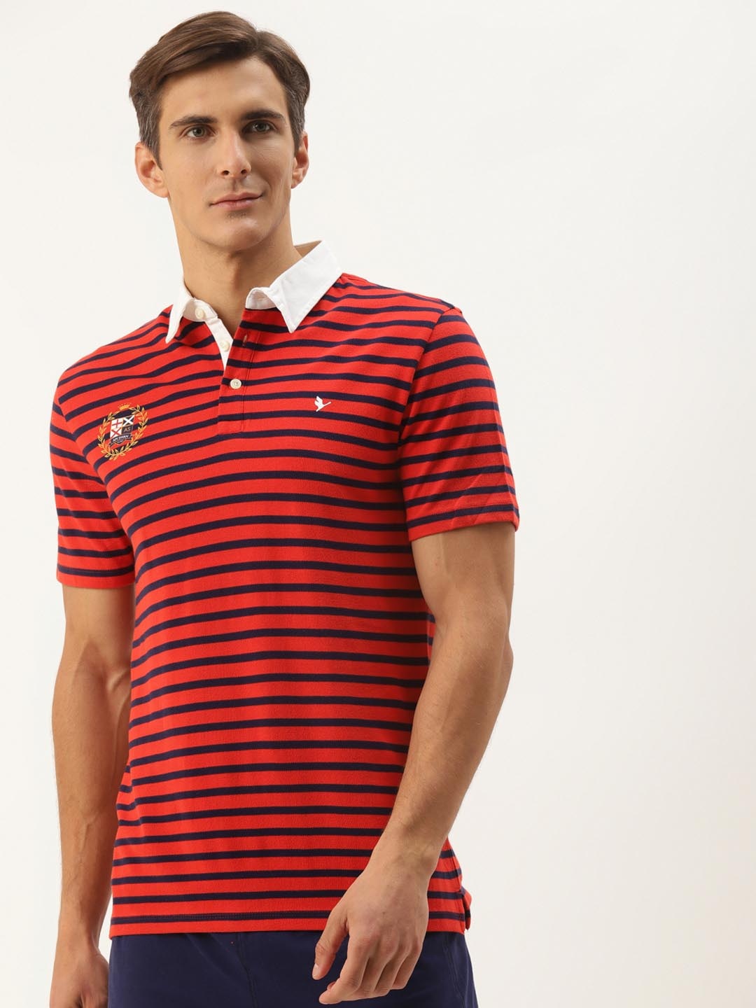 

AMSWAN Men Striped Polo Collar Applique T-shirt, Red